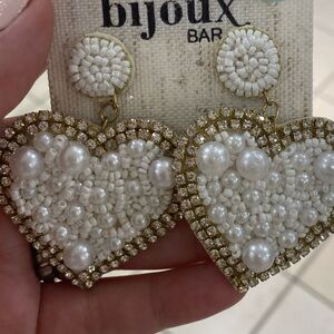 White Beaded Heart Earrings